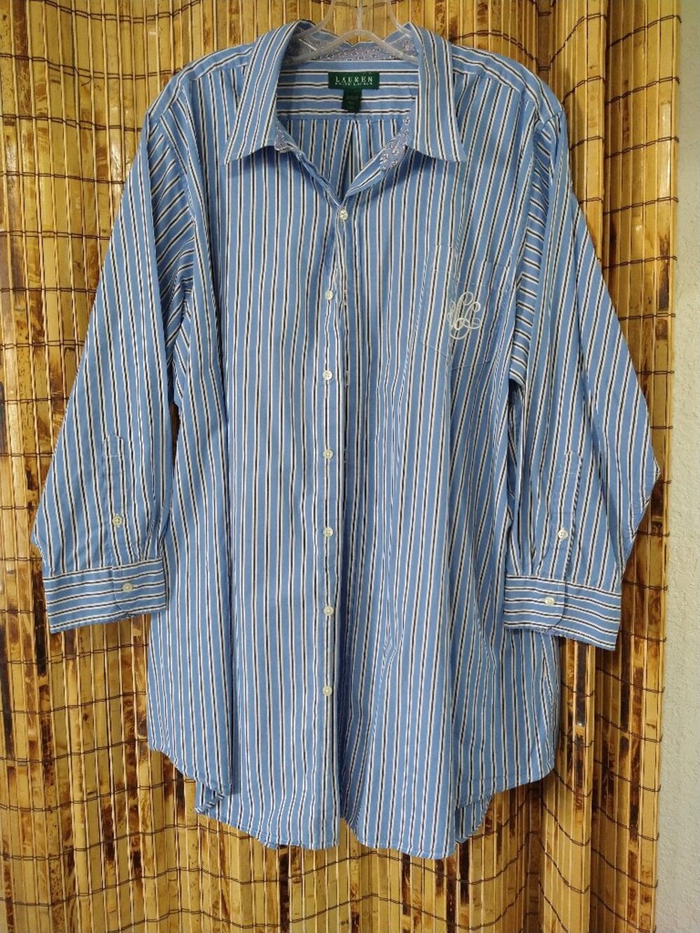 Lauren Ralph Lauren Blue White Striped Cotton Button-Down Shirt L/XL